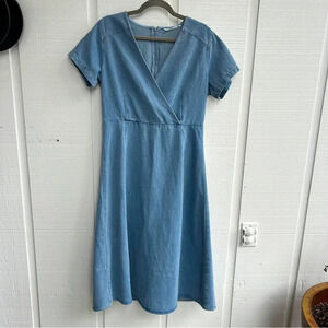 Prairie Cottagecore Denim Cotton Short Sleeved V-Neck Wrap Bust Midi Dress / M